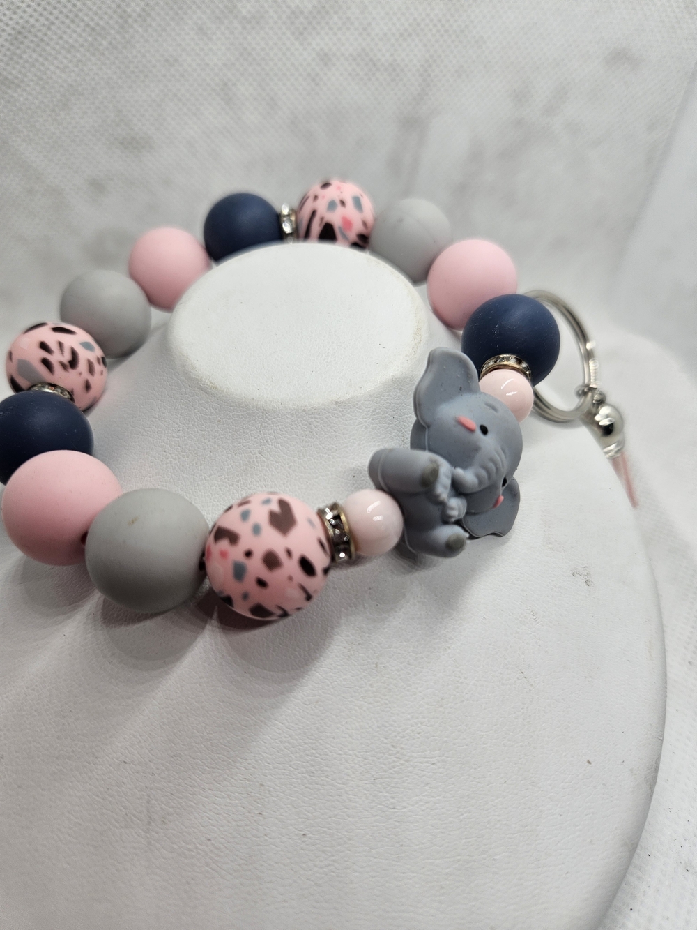 Pink & Gray Elephant Beaded Keyring Card Holder